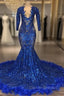 Royal Blue Robe De Soiree Mermaid V-Neck Long Sleeves Appliques Feather Long Prom Dress Prom Gown Evening Dress