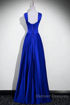 Royal Blue Satin A-Line Simple Long Party Dress, Royal Blue Satin Floor Length Prom Dress