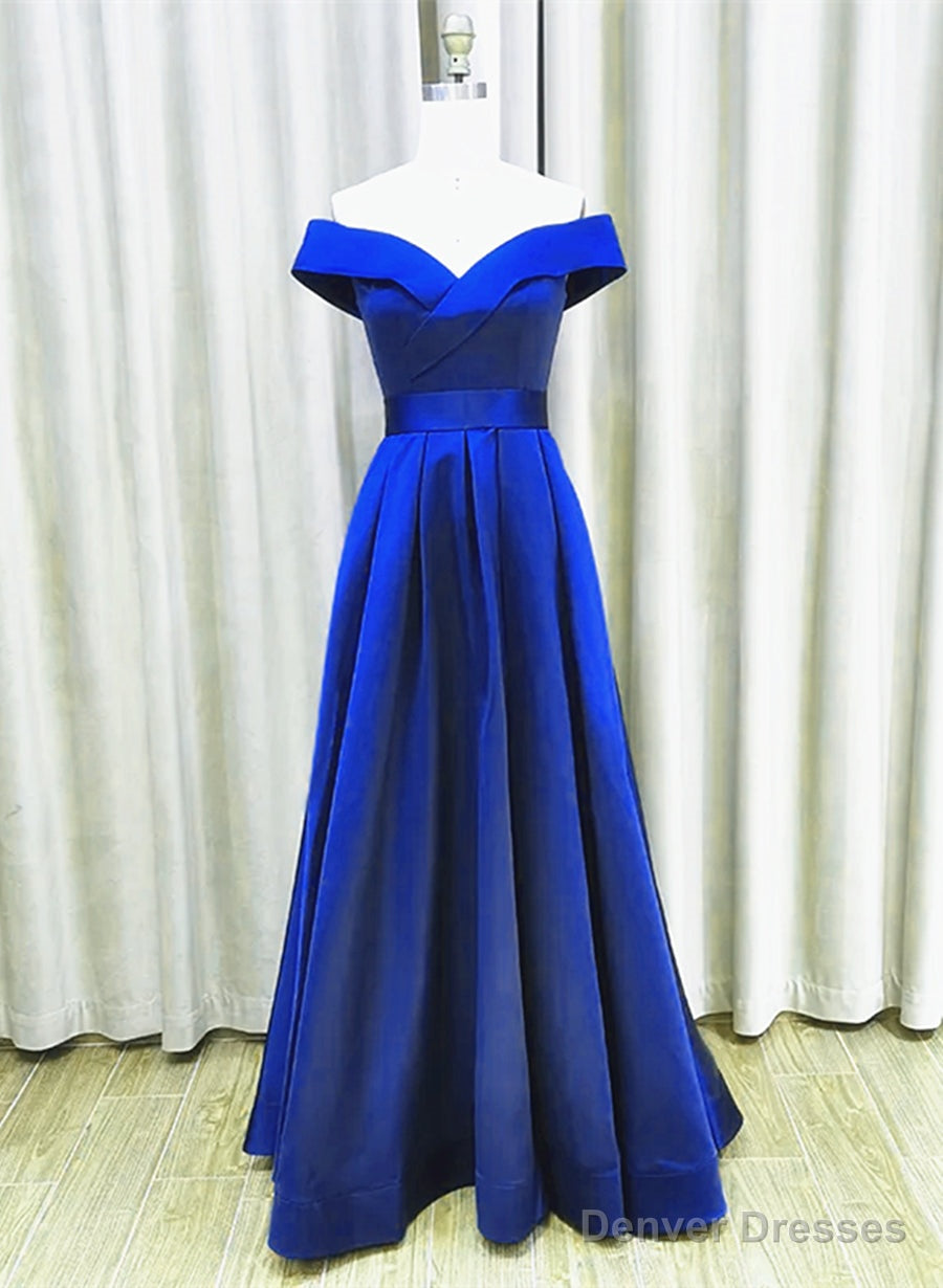 Royal Blue Satin A-line Simple Off Shoulder Prom Dress, Blue Bridesmaid Dress Secondary image