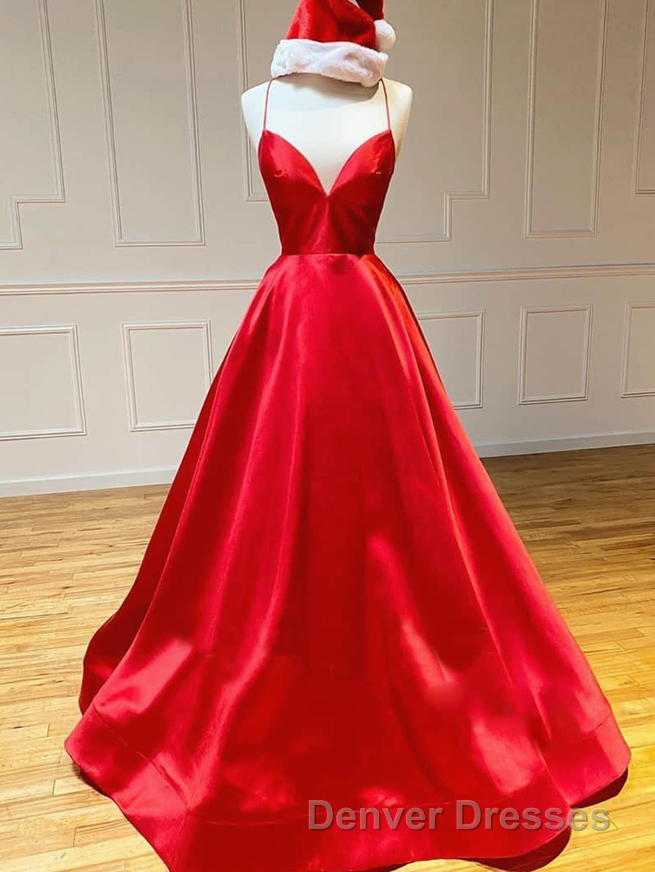 Royal Blue Satin A Line V Neck Long Prom Dress Secondary image