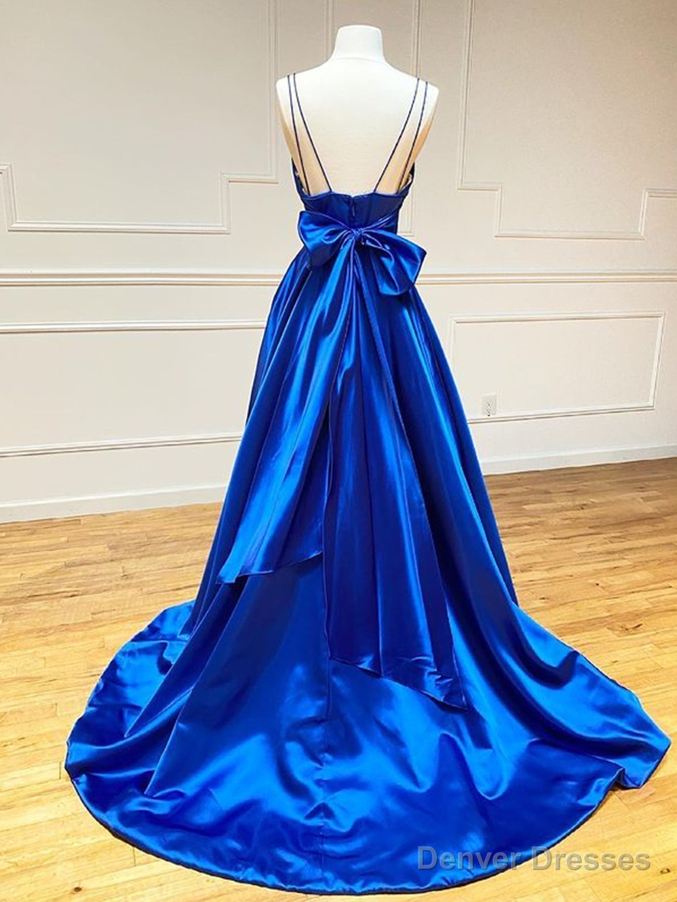 Royal Blue Satin A Line V Neck Long Prom Dress With Bow Tie Secondary image