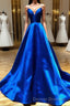Royal Blue Satin A Line V Neck Long Prom Dress