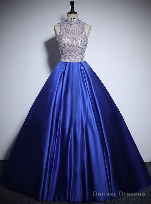 Royal Blue Satin Backless Sequins Prom Dress