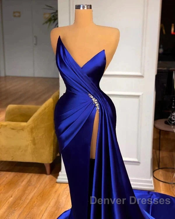 Royal Blue Satin Beading Ruched Prom Dress With Slit Secondary image