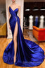 Royal Blue Satin Beading Ruched Prom Dress With Slit