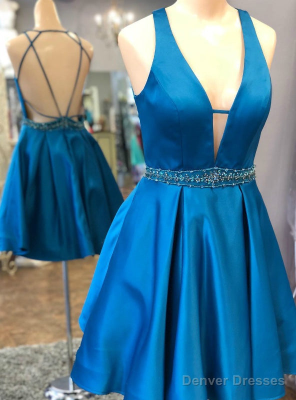 Royal Blue Satin Deep V-neck Backless Homecoming Dress Main image