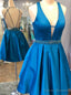 Royal Blue Satin Deep V-neck Backless Homecoming Dress