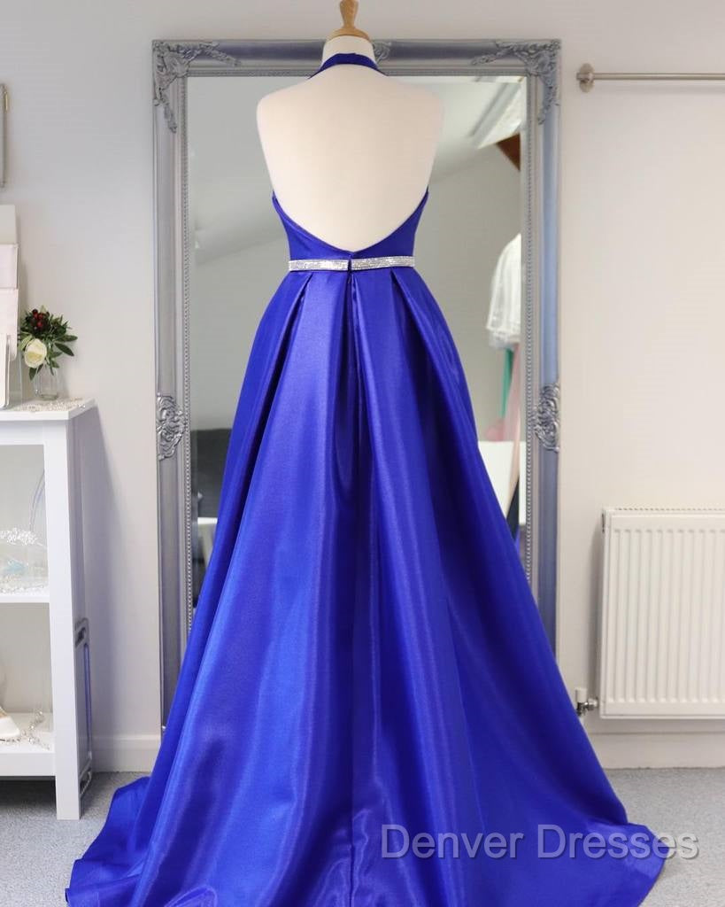Royal Blue Satin Deep V Neck Simple Long Prom Dress Backless Party Dress
