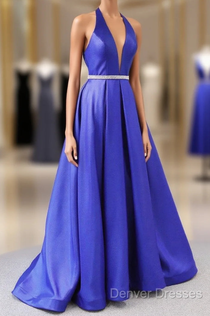 Royal Blue Satin Deep V Neck Simple Long Prom Dress Backless Party Dress Main image
