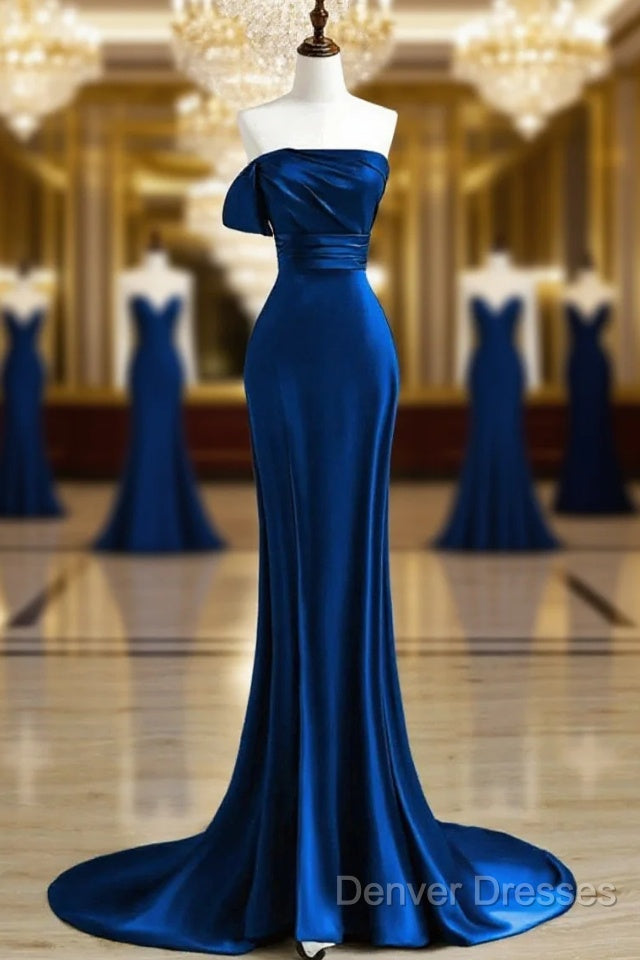 Royal Blue Satin Mermaid Scoop Long Party Dress, Royal Blue Prom Dress Main image