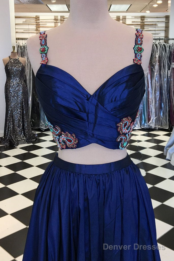 Royal Blue Satin Pleats Two Piece Spaghetti Straps Embroidery Prom Dress Secondary image