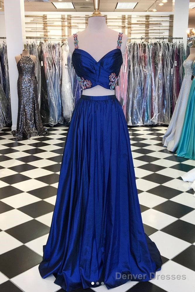 Royal Blue Satin Pleats Two Piece Spaghetti Straps Embroidery Prom Dress Main image