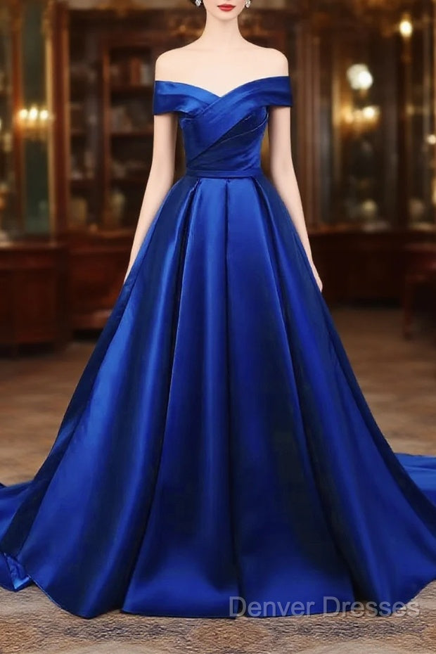 Royal Blue Satin Sweetheart Off Shoulder Long Formal Dress, A-Line Prom Dress Main image