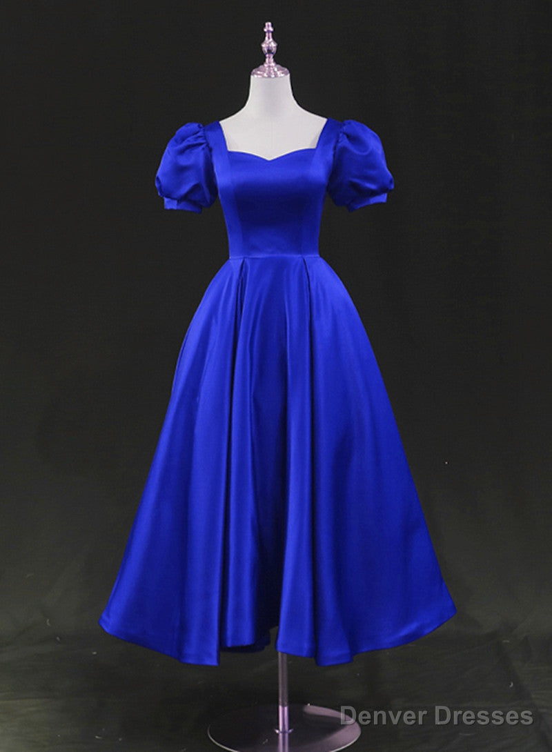 Royal Blue Satin Tea Length Wedding Party Dress, Blue Prom Homecoming Dress Secondary image
