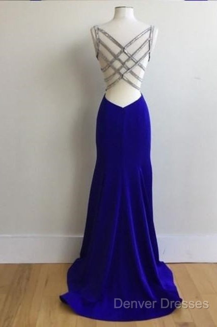 Royal Blue Satin V Neck Mermaid Evening Dress With Cross Back Secondary image