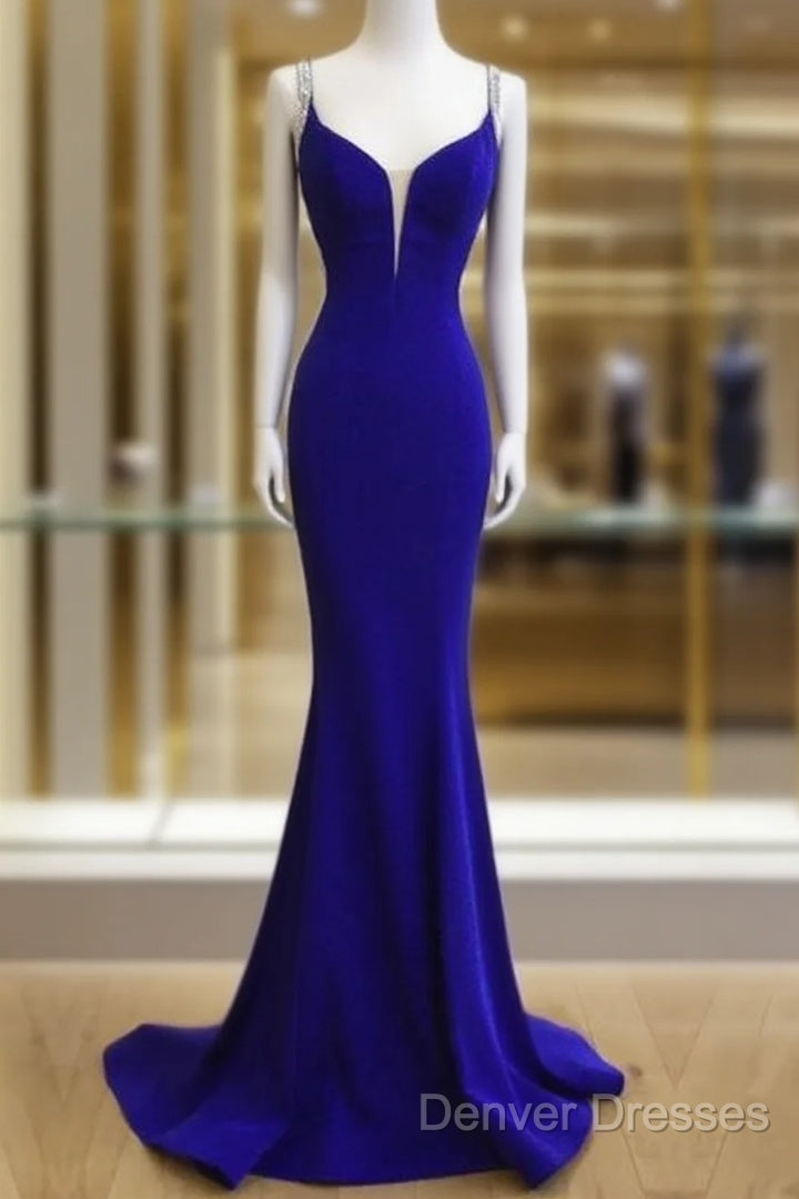 Royal Blue Satin V Neck Mermaid Evening Dress With Cross Back