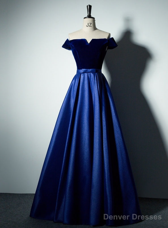 Royal Blue Satin Velvet Off the Shoulder Prom Dress Main image