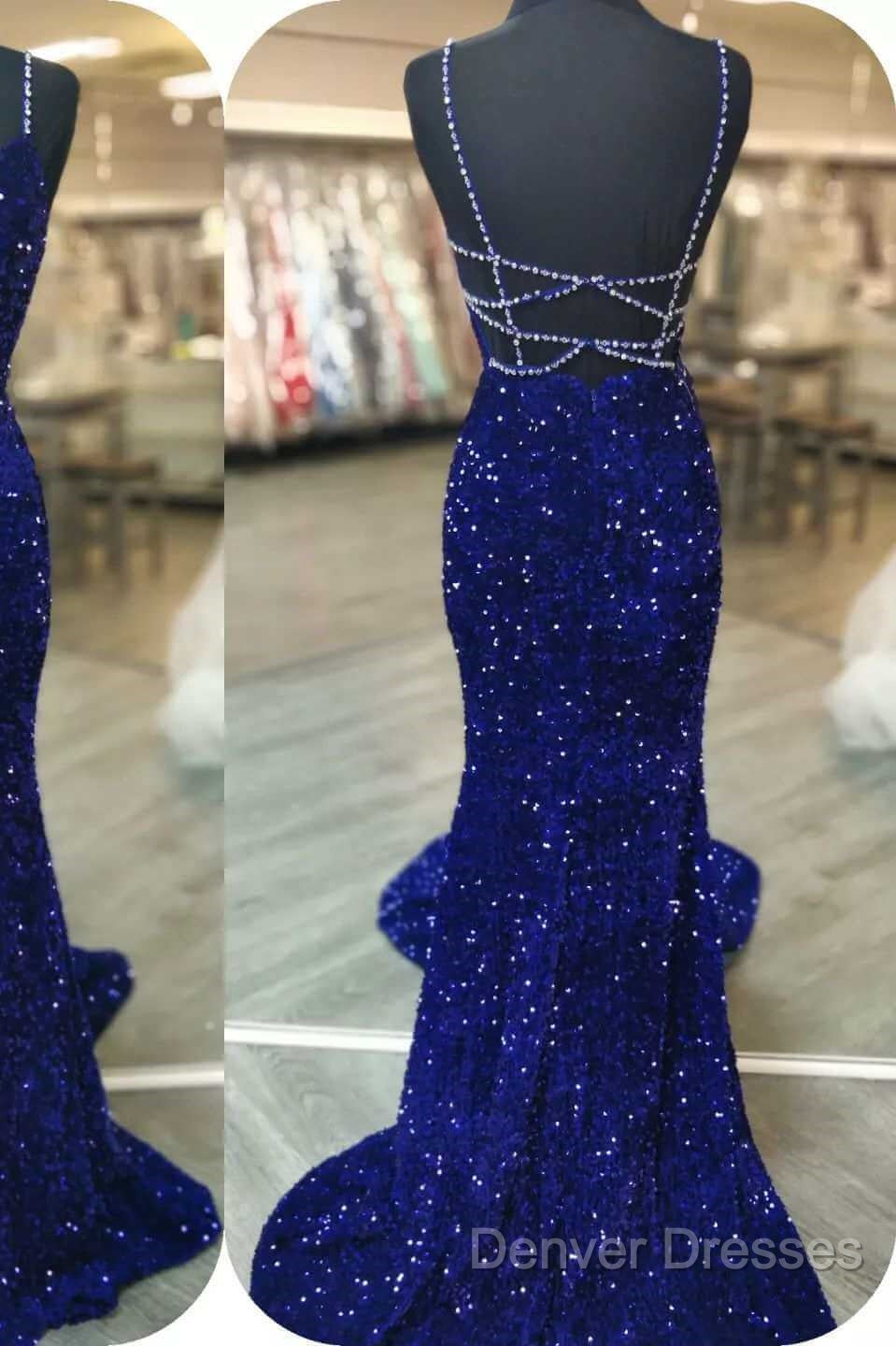 Royal Blue Sequin Beaded Mermaid Prom Dress Spaghetti Straps