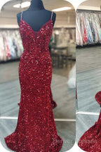 Royal Blue Sequin Beaded Mermaid Prom Dress Spaghetti Straps