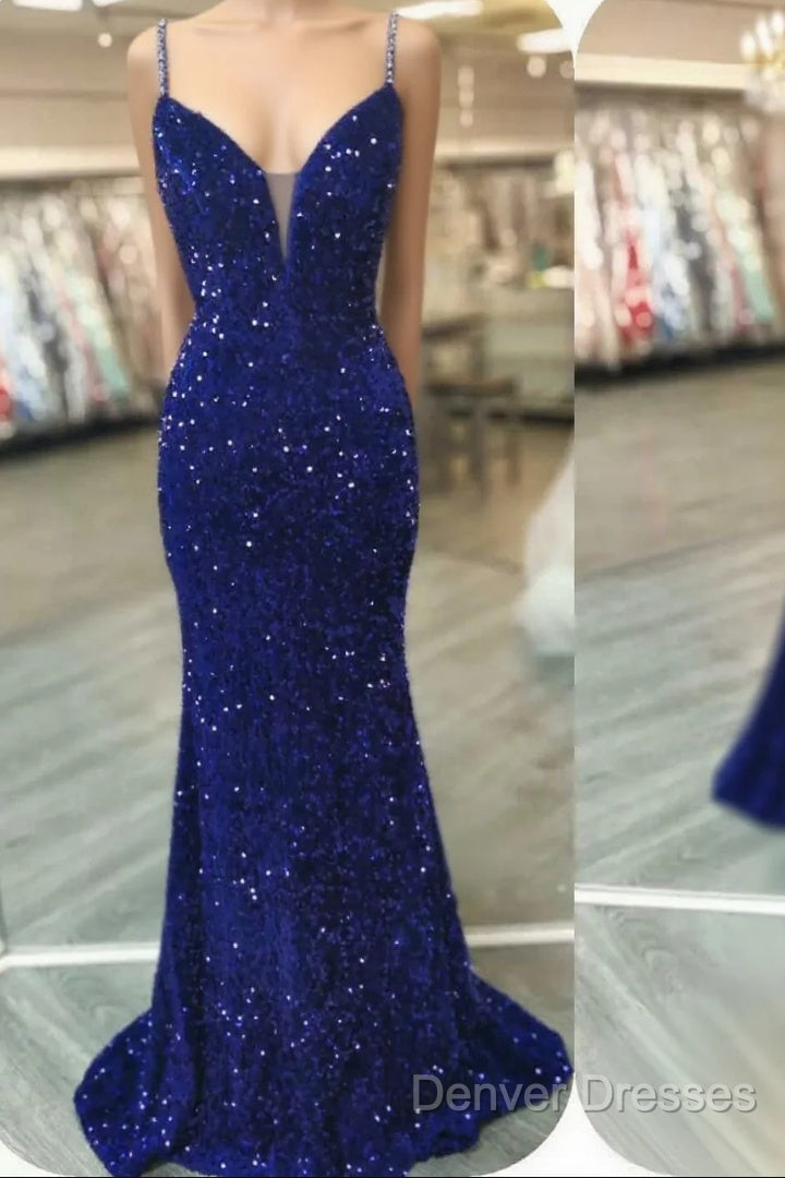 Royal Blue Sequin Beaded Mermaid Prom Dress Spaghetti Straps Main image
