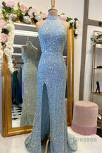 Royal Blue Sequin Halter Long Formal Dress with Slit Prom Dress