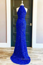 Royal Blue Sequin Halter Long Formal Dress with Slit Prom Dress
