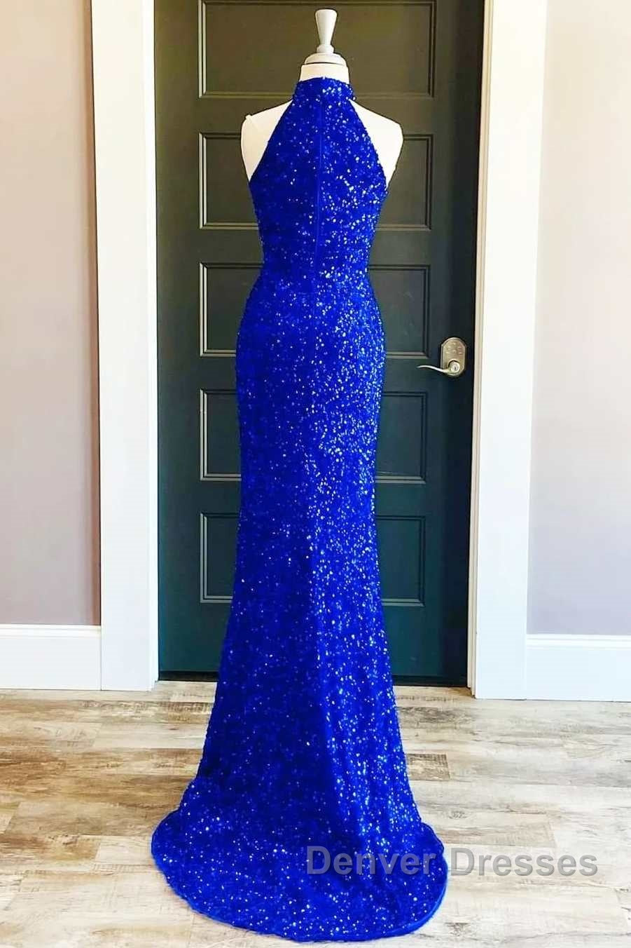 Royal Blue Sequin Halter Long Formal Dress with Slit Prom Dress