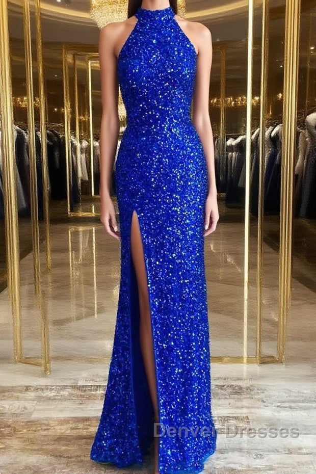 Royal Blue Sequin Halter Long Formal Dress with Slit Prom Dress Main image