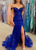 Royal Blue Sequin Lace Off the Shoulder Mermaid Prom Dress
