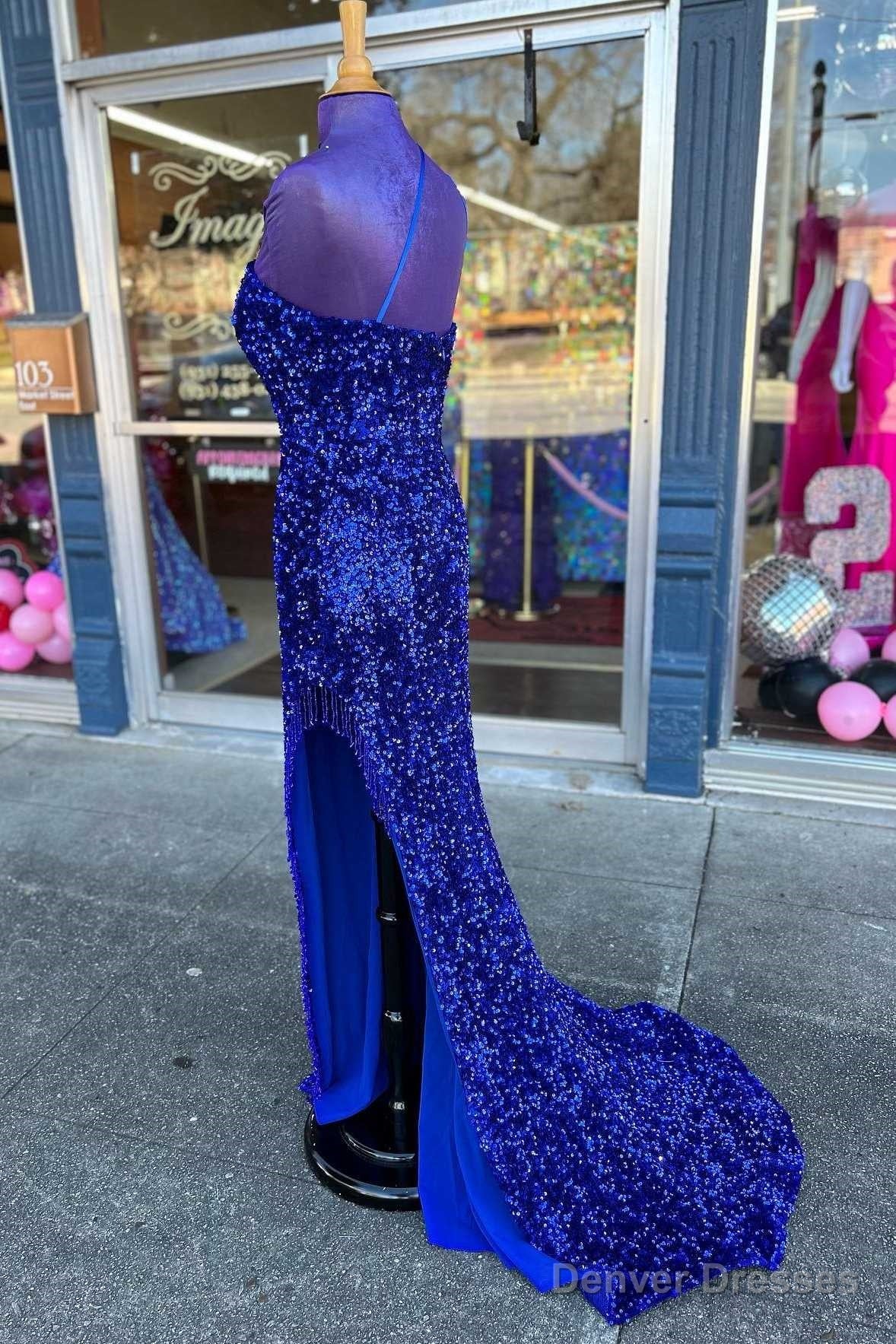 Royal Blue Sequin One-Shoulder Backless Long Prom Dresses with Slit,Evening Party Dress Secondary image