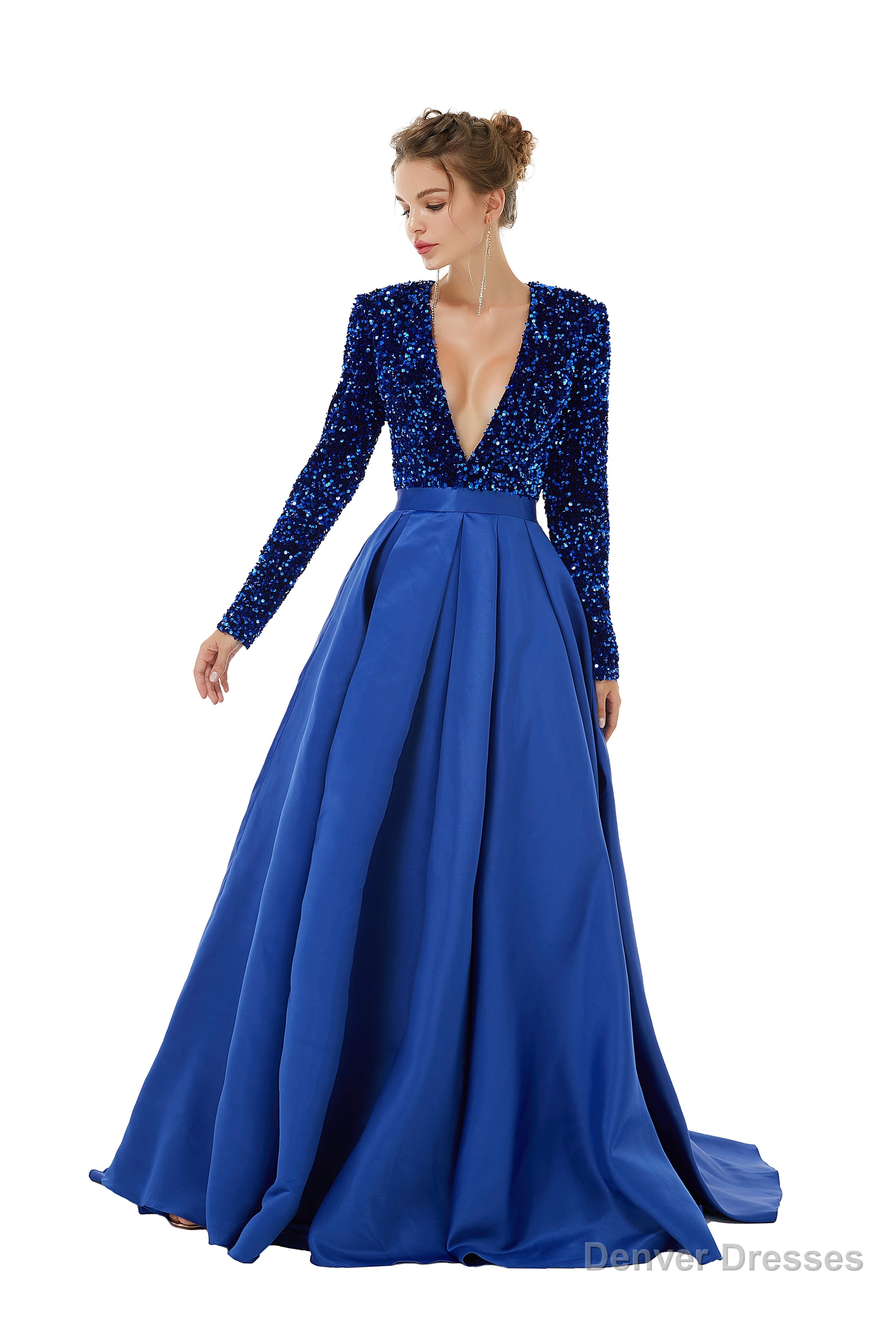 Sequined Satin A Line Front Slit V Neck Full Sleeve Sweep Train Long Prom Dresses