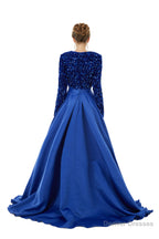 Sequined Satin A Line Front Slit V Neck Full Sleeve Sweep Train Long Prom Dresses