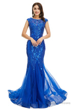 Royal Blue Sequined Tulle Mermaid Cap Sleeve Scoop Neck Formal Gowns