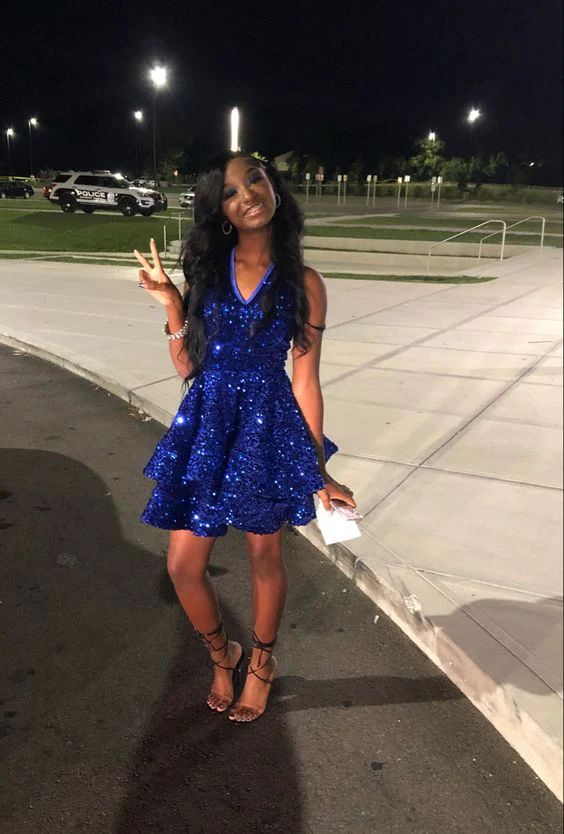 Royal Blue Sequins A Line Homecoming Dress Short Formal Dress Main image