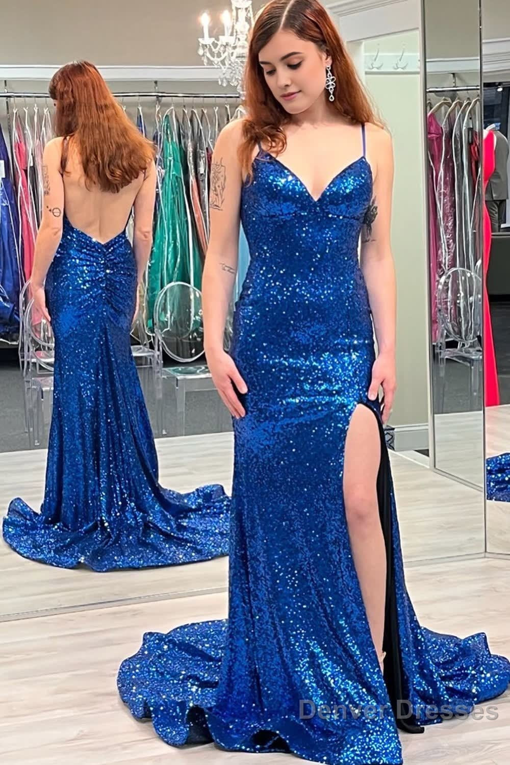 Royal Blue Sequins Backless Mermaid Prom Dress with Slit Main image