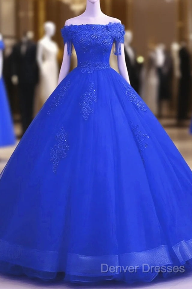 Royal Blue Sequins Beaded Tulle Sweet 16 Dress, Royal Blue Long Formal Dress Main image