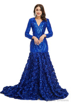 Sequins Mermaid Long V Neck Prom Dresses Full Sleeve
