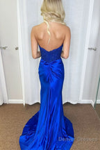 Royal Blue Strapless Lace Mermaid Long Prom Dresses With Slit
