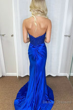 Royal Blue Strapless Lace Mermaid Long Prom Dresses With Slit