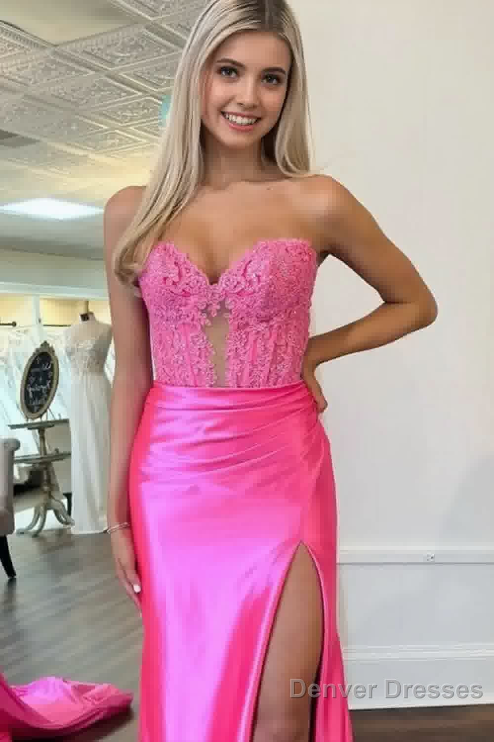 Royal Blue Strapless Lace Mermaid Long Prom Dresses With Slit