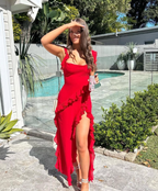 Red Chiffon Prom Dress Long Ruffle Party Dress Evening Dress