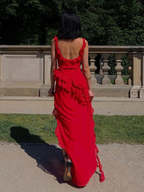 Red Chiffon Prom Dress Long Ruffle Party Dress Evening Dress