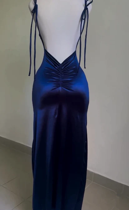 Royal Blue Straps Backless Satin Long Party Dress Evening Dress Secondary image