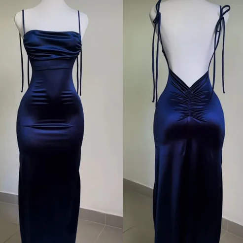 Royal Blue Straps Backless Satin Long Party Dress Evening Dress