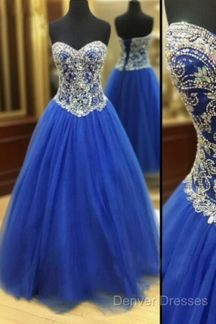 Royal Blue Tulle Beaded Long Prom Dress, Blue Evening Dress
