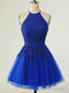 Royal Blue Tulle Halter Backless Appliques Homecoming Dress