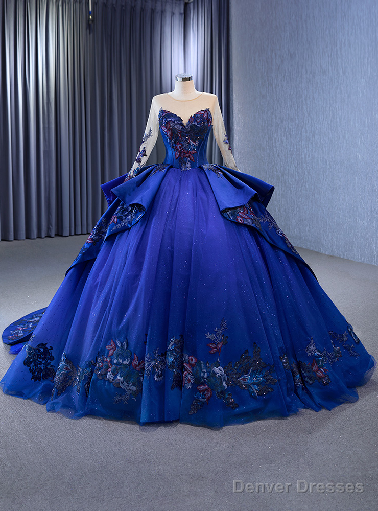 Royal Blue Tulle Long Sleeve Embroidery Prom Dress Main image