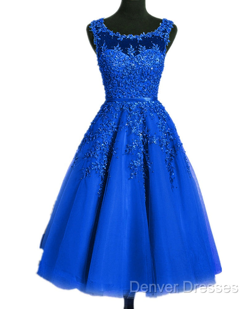 Royal Blue Tulle Tea Length Applique Round Neckline Formal Dress, Blue Wedding Party Dress Secondary image