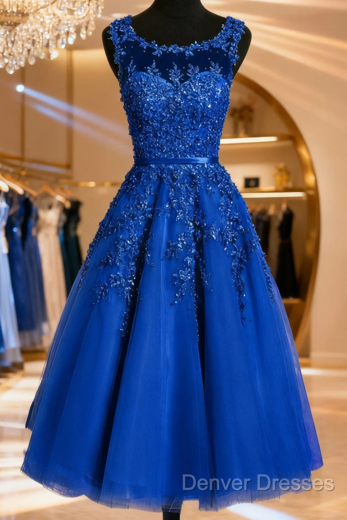 Royal Blue Tulle Tea Length Applique Round Neckline Formal Dress, Blue Wedding Party Dress Main image