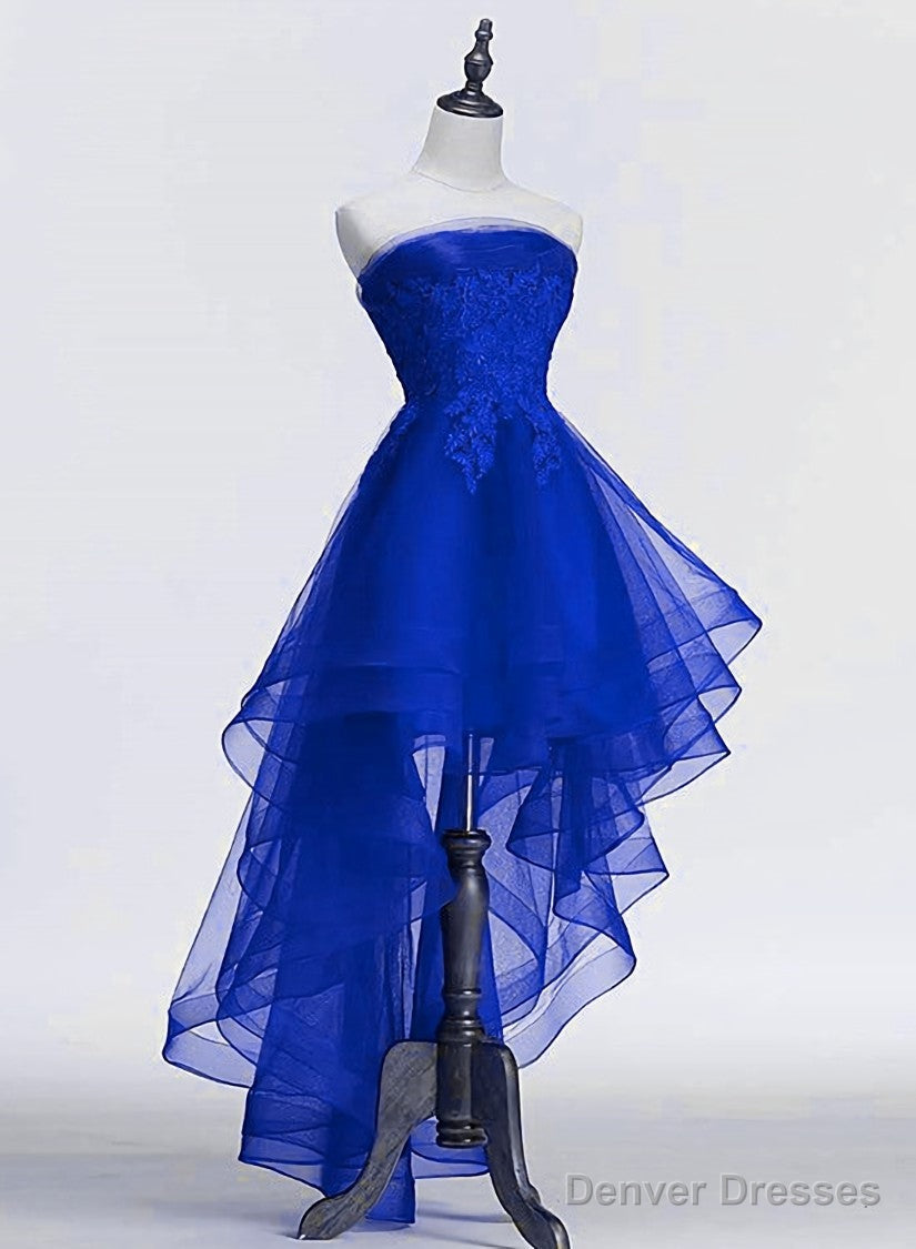 Royal Blue Tulle with Lace Applique High Low Party Dress, Blue Homecoming Dress Main image